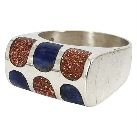 Signed PMD Vintage Sterling Silver Goldstone Lapis Lazuli Ring, Sz 9.5