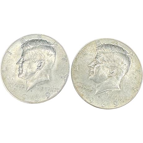 Two (2) 1969 D Kennedy Half Dollars - 40% Silver