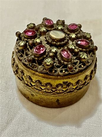 Vintage, small goldtone metal jeweled  top pill box