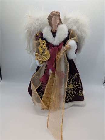 Angel Porcelain Face/Hands Tree Topper Burgundy with Violin