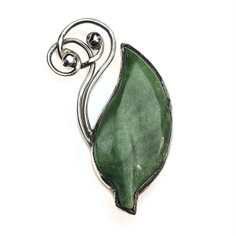 Vintage Mexico Sterling Silver Modernist Green Jade Brooch