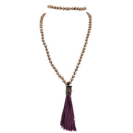 Long Strand Beaded Necklace with Tassel and Bird Charm