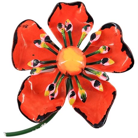 Vintage Bright Orange & Pink Enamel Flower Power Brooch