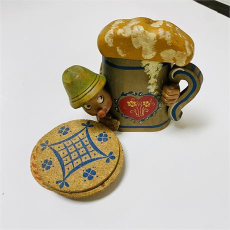 ANRI Midcentury German Bar Set w/ Wine Screw, Coasters