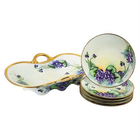 Vintage H&Co. Selb Bavaria Hand Painted Violets Plates & Serving Dish