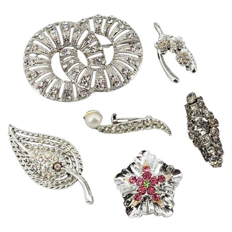 Six Vintage Silver Tone Rhinestone Brooches