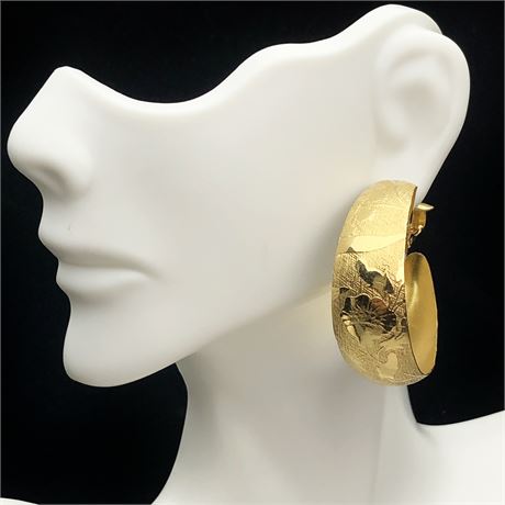 Beautiful Large Floral Embossed Gold Tone Hoop Clip Earrings