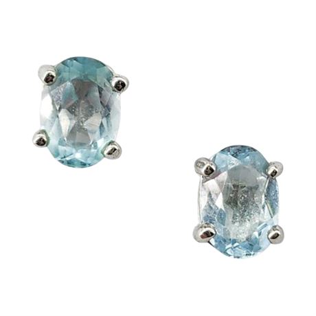 Vintage ATI Sterling Silver 7x5mm Blue Topaz Stud Pierced Earrings