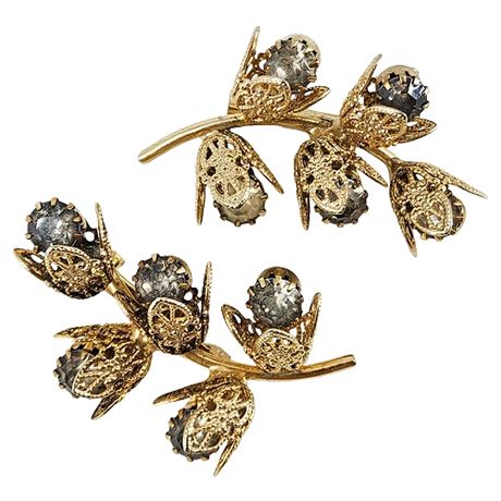 Pair Vintage Filigree Rhinestone Flower Branches Brooches