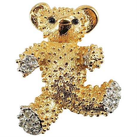 Signed Vintage D'ORLAN Gold Tone Rhinestone Teddy Bear Brooch