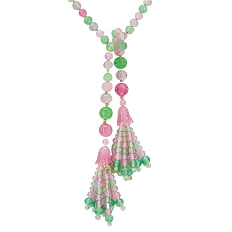 Vtg Pink & Green Swirled Art Glass Beaded Tassel Necklace