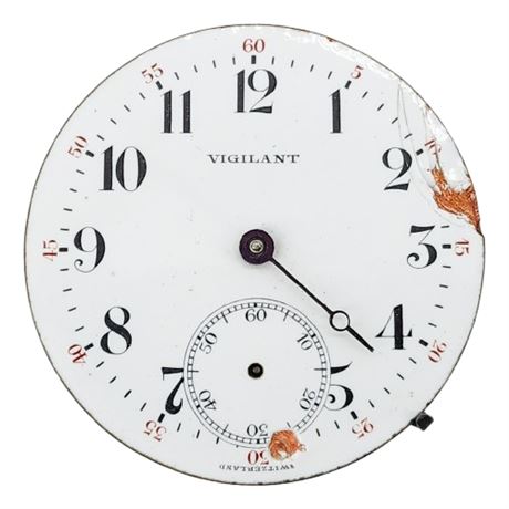 Vintage VIGILANT Enamel Face Pocket Watch Insides, DAMAGED