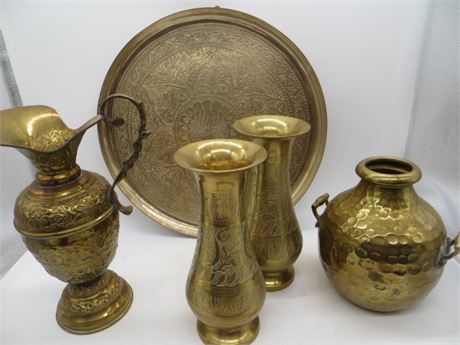 Brass Wall Hanging, Pitcher & Vases