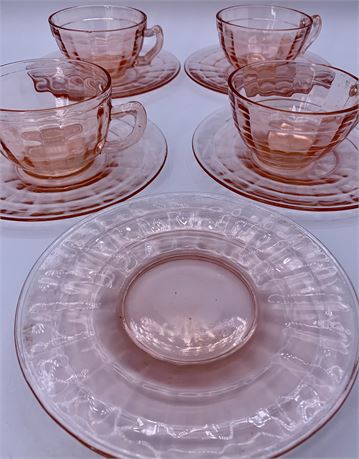 10 pcs Anchor Hocking Pink Depression Glass Block Optic Tea Cups & Saucers