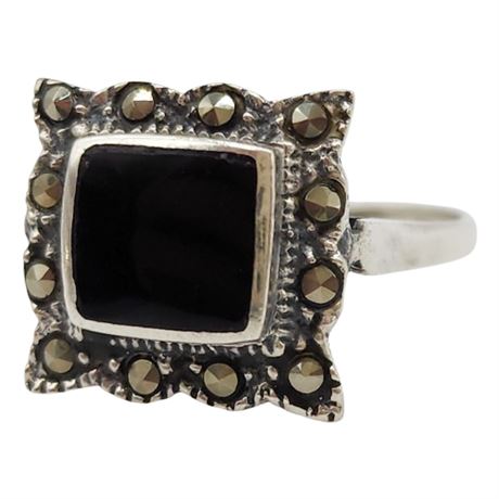 Vintage Sterling Silver Marcasite & Black Onyx Ring, Sz 6.75