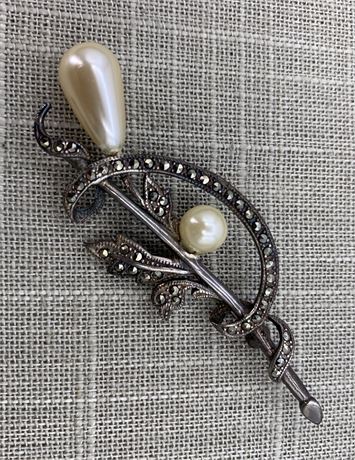 Sterling Silver 3” Marcasite & Faux Pearl Brooch