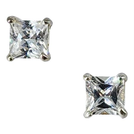 Signed FUZION CREATIONS Sterling Silver 4mm Princess Cut CZ Earrings