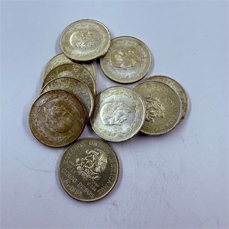 10 BU 1953 Hidalgo 5 Peso Silver Coins