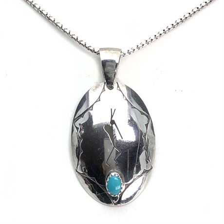 Vintage Navajo Hopi Pierced Concho Kokopelli Turquoise Sterling Pendant Necklace