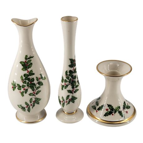 Vintage Lenox Holly Vase / Candle Holder Lot