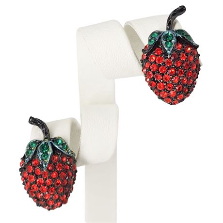 Vintage Black Metal Red Rhinestone Strawberry Clip Earrings