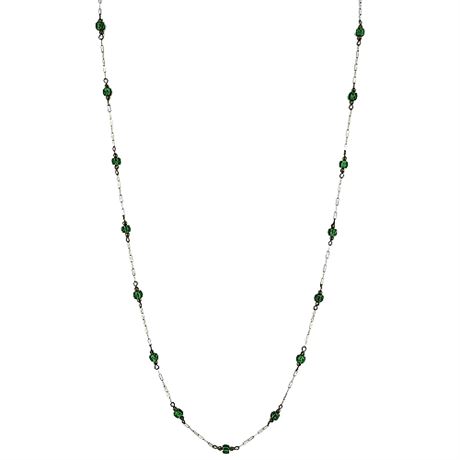 Vintage Green Glass & Gold Tone Peanut Link Chain Necklace
