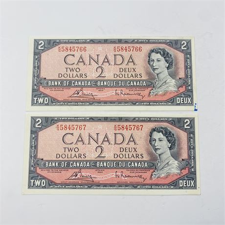 2 Consecutive 1954 Canada $2 Bills