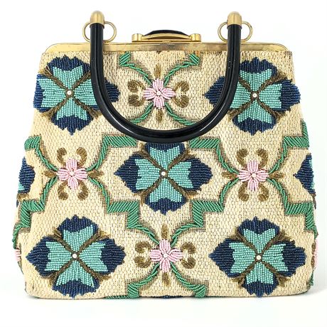 Vintage Floral Beaded Handbag – Made in Hong Kong – Lucite Handles