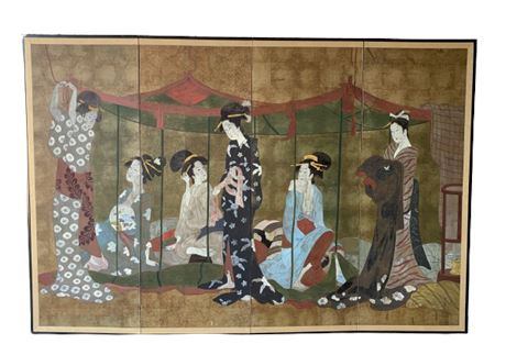 Charleton Japan Mid Century 4 Panel Geisha Oriental Dressing Screen