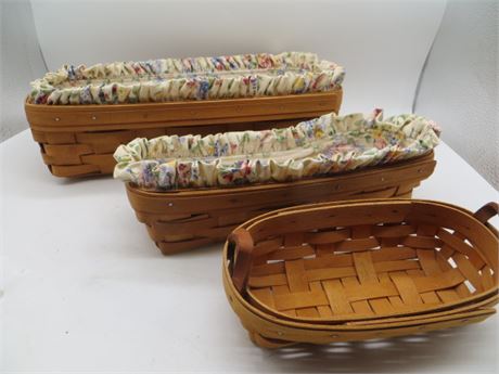 3 LONGABERGER BASKETS 2 BREADBASKETS & 1 SMALLER OBLONG BASKET