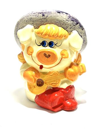 Vtg Ceramic Cowgirl Piggybank Playing Guitar