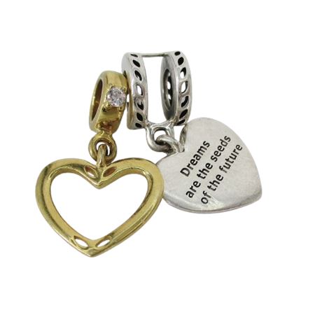 PANDORA 925 Double Dangle Heart Charm "Dreams Are The Seeds Of The Future" 3.2gr
