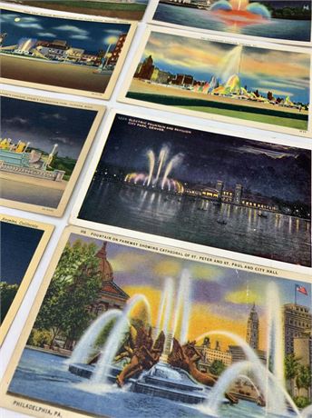 8 pc Vintage 1940s Famous Fountain Night Scape Postcards