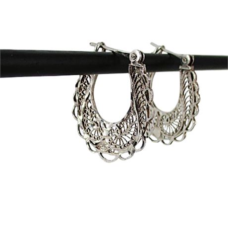 Lace Filigree 925 Sterling Silver Oval Hoop Earrings