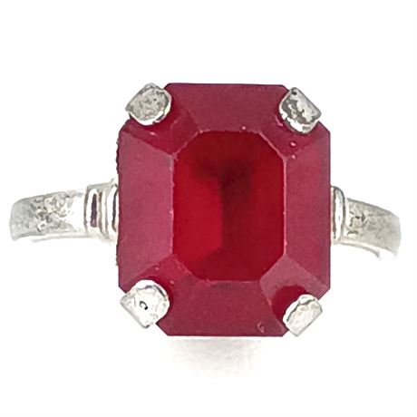 Vintage Sterling Ring with Emerald Cut Ruby-Colored Glass Center Stone
