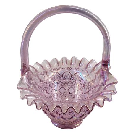Fenton Carnival Glass Ruffled Edge Basket w/ Diamond Weave Pattern