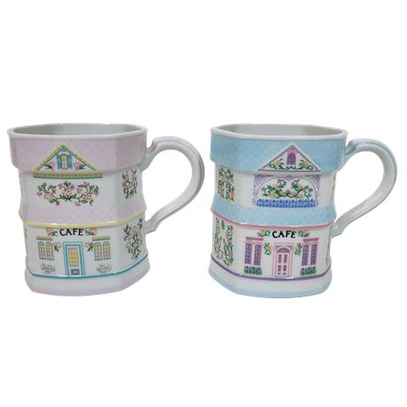 The Lenox Village Coffee Mugs 1992 Pink & Blue Cafe Coffee Mugs