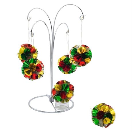 Six Vintage Atomic Foil Silver/Multi Pom-Pom Ornaments