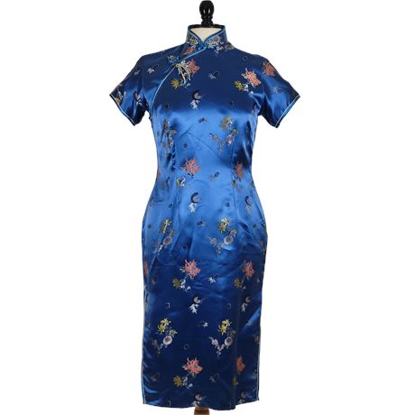 Traditional Chinese Cheongsam Dress Royal Blue Satin w/ Flower Design