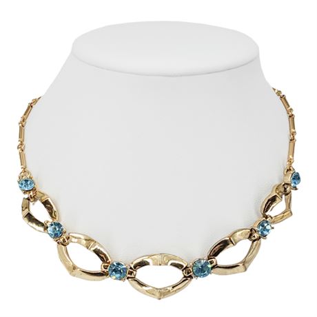 Vintage Gold Tone Ice Blue Rhinestone Links Necklace