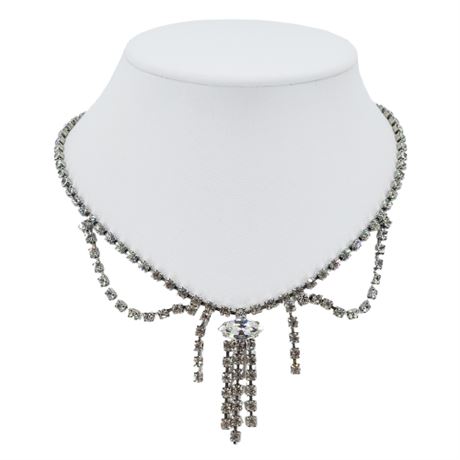 Vintage Prong Set Rhinestone Fringe Festoon Necklace