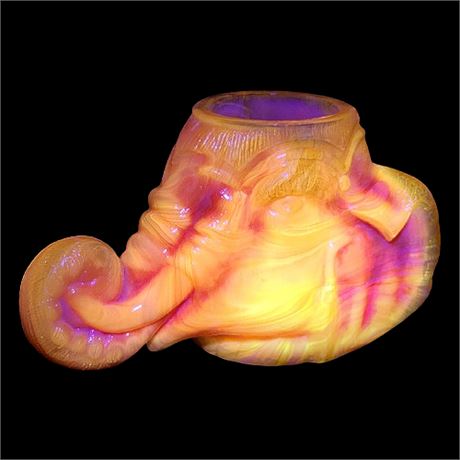 Vintage BOYD UV Reactive Persimmon Slag Glass "Zack the Elephant" Toothpick Cup