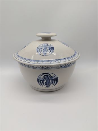 Chinese Blue Heron Bird Phoenix Bowl w/Lid