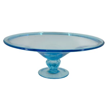Large Hand Blown Blue Art Glass Pedestal Console Bowl