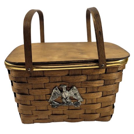 Vintage Woven Wood Picnic Basket w/ Metal Eagle Emblem