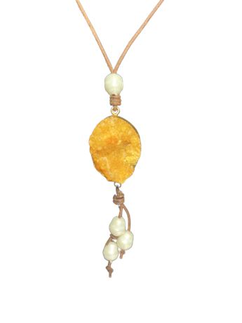Yellow agate druzy wrapped in gold foil. Fresh water pearls and natural leather