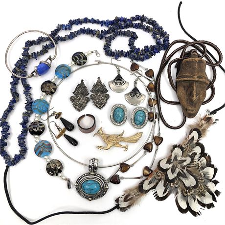 Vintage Jewelry Lot- Southwestern Assortment Wood Mask, Roadrunner, Feathers