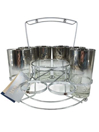 MCM Queen's Lusterware, 8 Silver Fade Ombre Glasses, Bucket, and Carrier Set