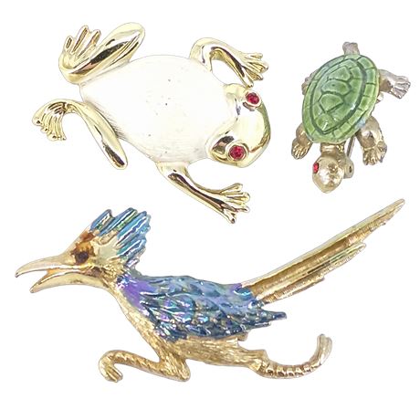 Vintage Brooch Lot Turtle, Frog, Roadrunner Bird with Ultra Stamp – Figural Pins
