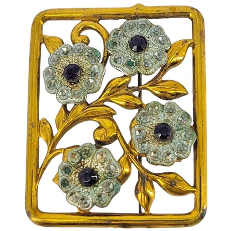 Vintage Gold Tone and Rhinestone Victorian Revival Floral Brooch